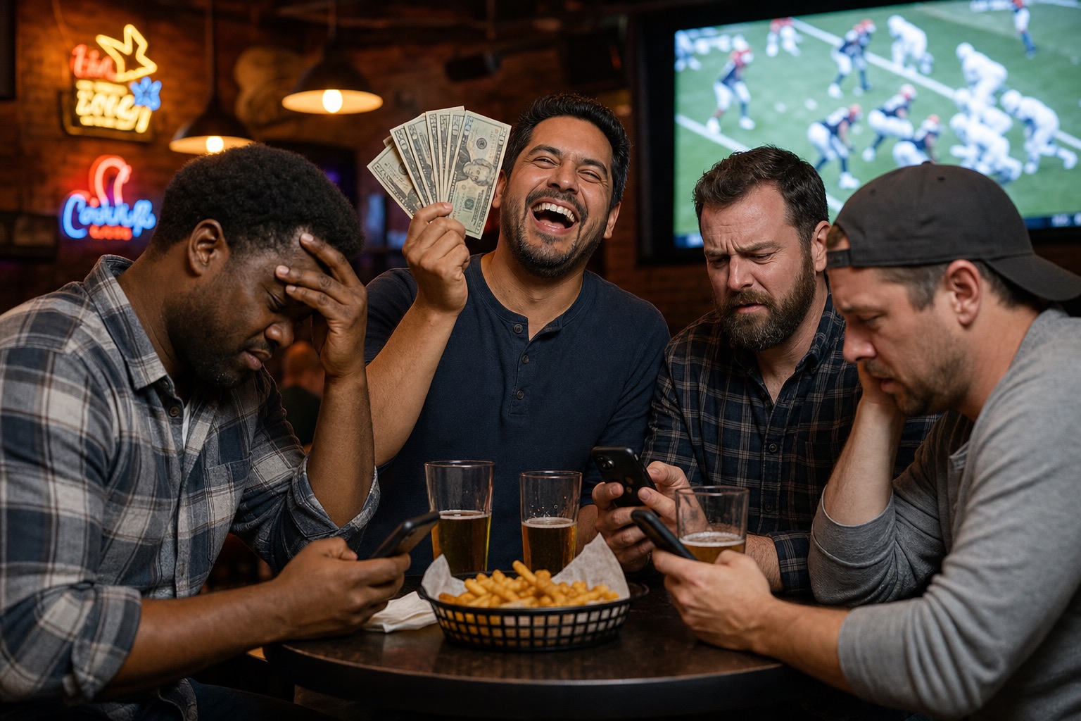 Fantasy football manager laughing and holding cash at a sports bar while his league mates stare at their phones in disbelief