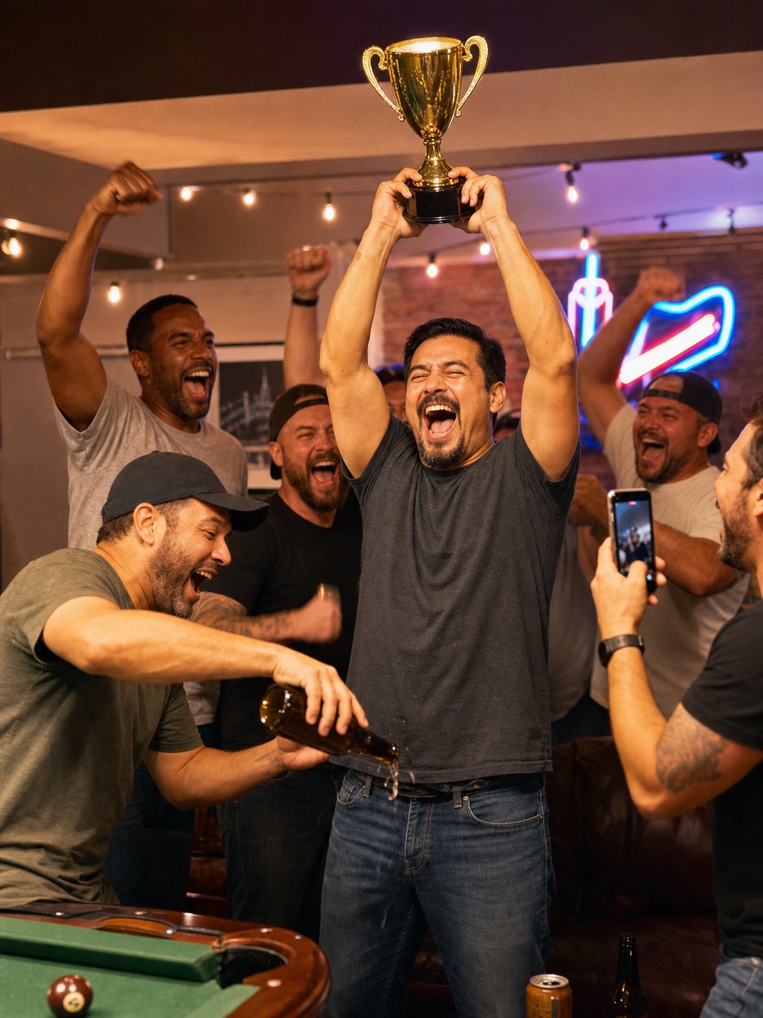 Fantasy football champion raising a trophy with his arms while friends cheer around him