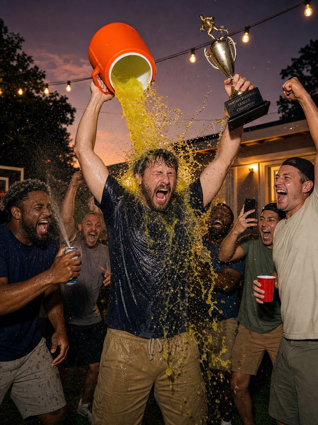 Fantasy league champion holding a trophy and getting a Gatorade dump from celebrating friends in a backyard