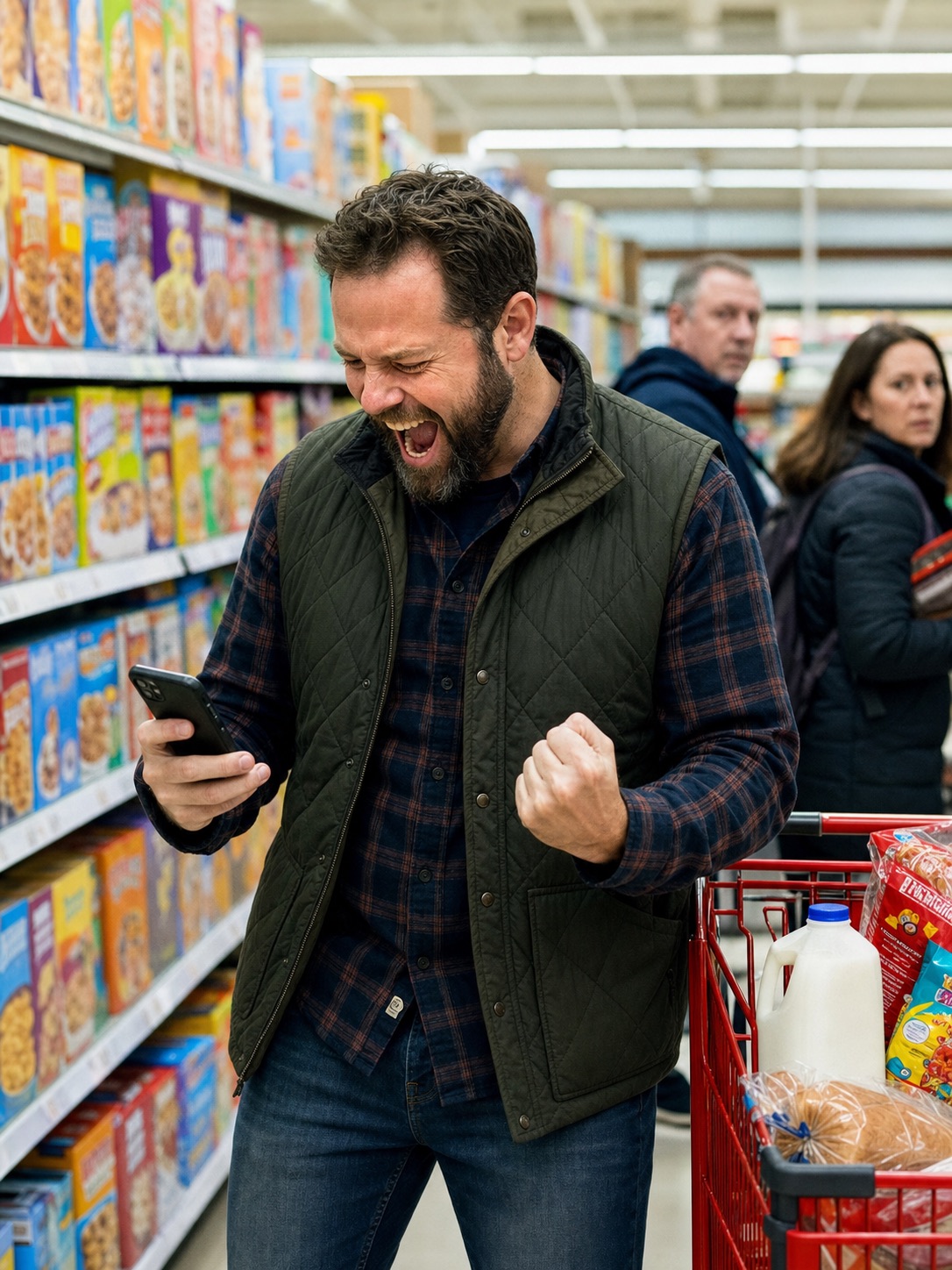 A dad in a grocery store pumping his fist after receiving a fantasy football waiver alert on his phone