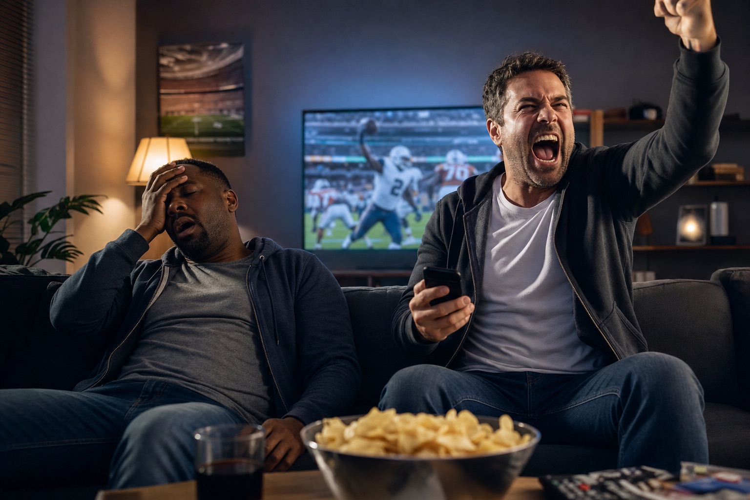 Two fantasy managers on a couch watching a game — one devastated, one celebrating with his fist in the air